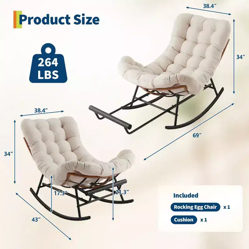 Sedia a Dondolo Oversize con Poggiapiedi, Poltrona Relax Imbottita con Telaio in Metallo, Sedia Reclinabile per Patio, Cortile, Camera da Letto, Giardino