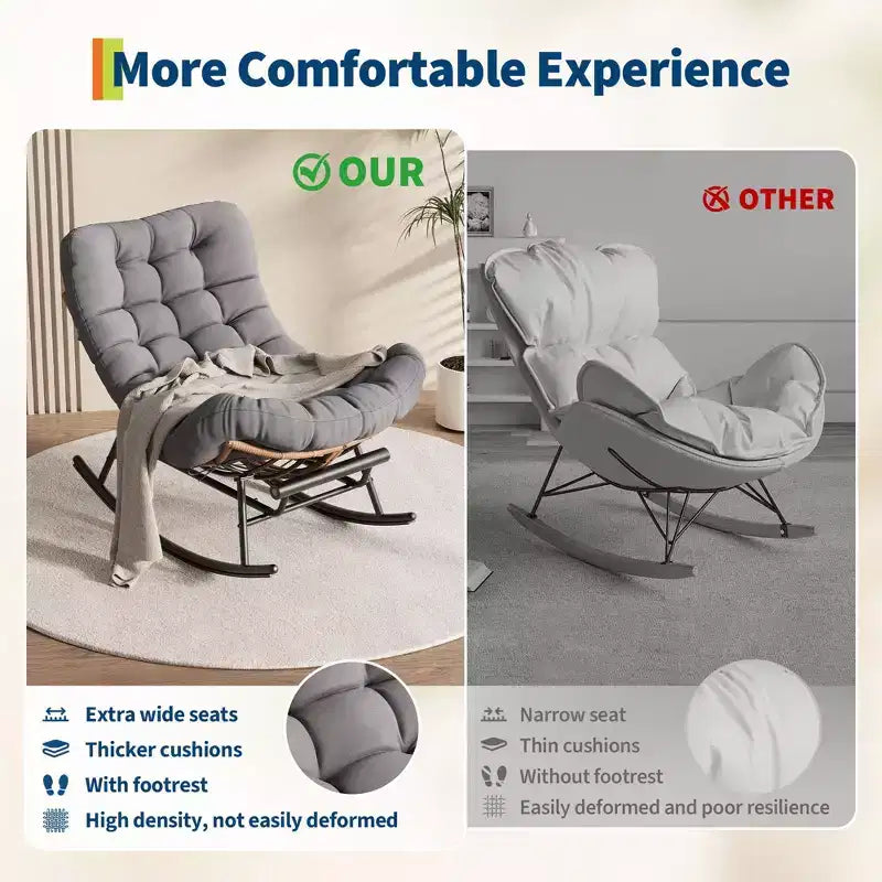 Sedia a Dondolo Oversize con Poggiapiedi, Poltrona Relax Imbottita con Telaio in Metallo, Sedia Reclinabile per Patio, Cortile, Camera da Letto, Giardino