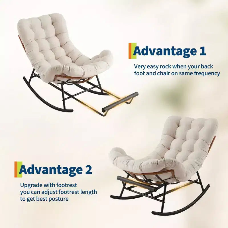 Sedia a Dondolo Oversize con Poggiapiedi, Poltrona Relax Imbottita con Telaio in Metallo, Sedia Reclinabile per Patio, Cortile, Camera da Letto, Giardino