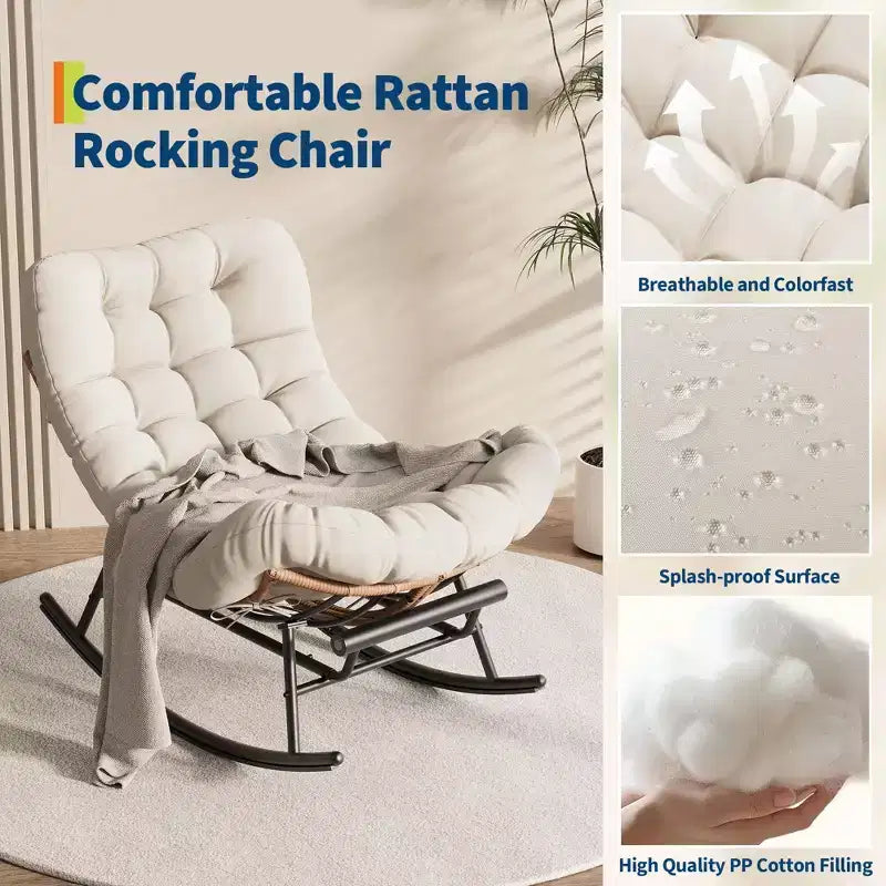 Sedia a Dondolo Oversize con Poggiapiedi, Poltrona Relax Imbottita con Telaio in Metallo, Sedia Reclinabile per Patio, Cortile, Camera da Letto, Giardino
