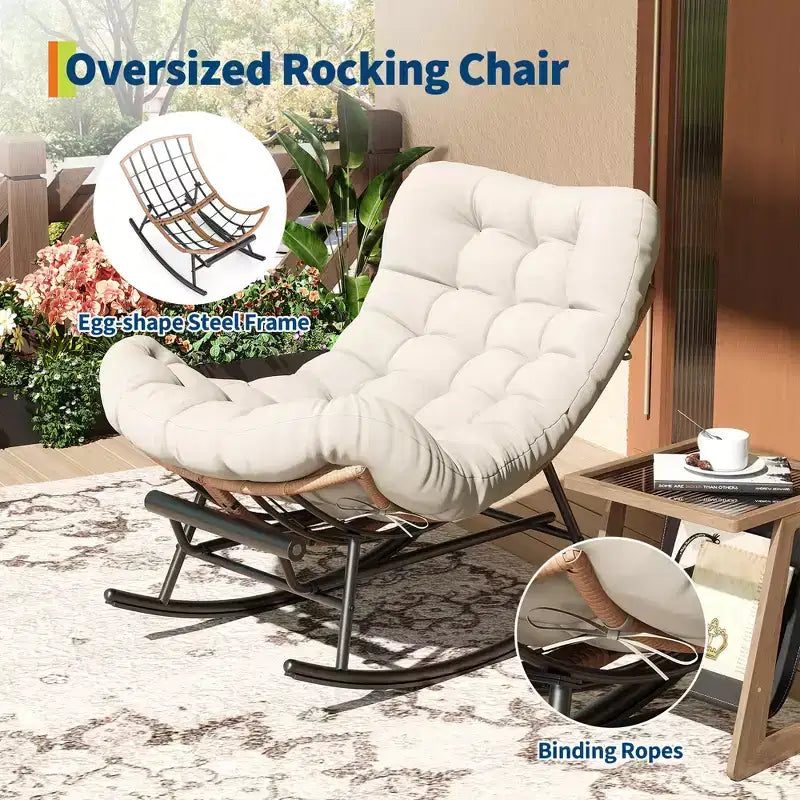 Sedia a Dondolo Oversize con Poggiapiedi, Poltrona Relax Imbottita con Telaio in Metallo, Sedia Reclinabile per Patio, Cortile, Camera da Letto, Giardino