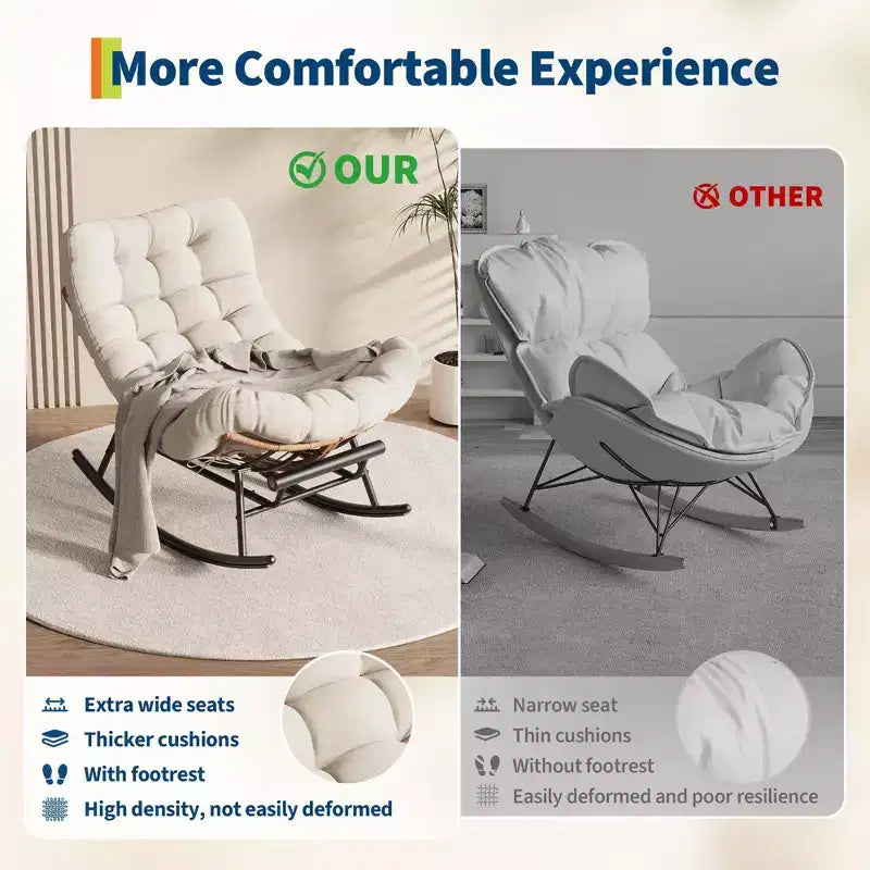 Sedia a Dondolo Oversize con Poggiapiedi, Poltrona Relax Imbottita con Telaio in Metallo, Sedia Reclinabile per Patio, Cortile, Camera da Letto, Giardino