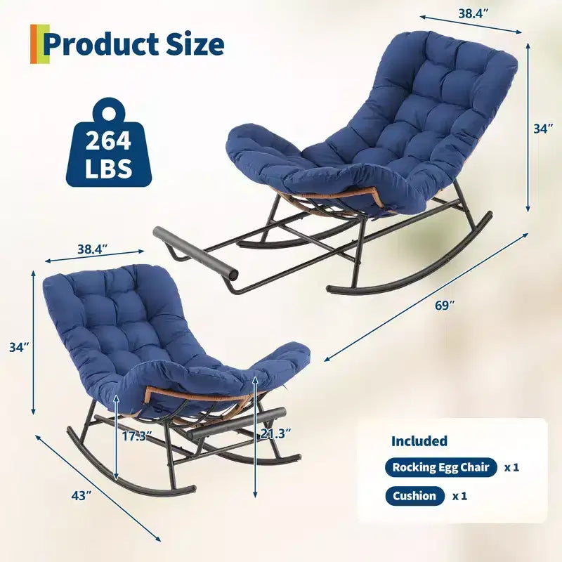 Sedia a Dondolo Oversize con Poggiapiedi, Poltrona Relax Imbottita con Telaio in Metallo, Sedia Reclinabile per Patio, Cortile, Camera da Letto, Giardino