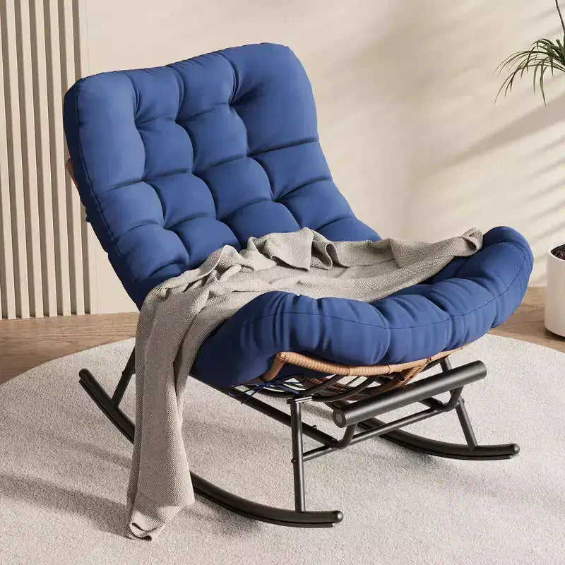 Sedia a Dondolo Oversize con Poggiapiedi, Poltrona Relax Imbottita con Telaio in Metallo, Sedia Reclinabile per Patio, Cortile, Camera da Letto, Giardino