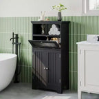 Freestanding Bathroom Cabinet Black Flip Glass Drawer 2 Doors Adjustable Shelf Open Storage Bathroom Living Room Hallway