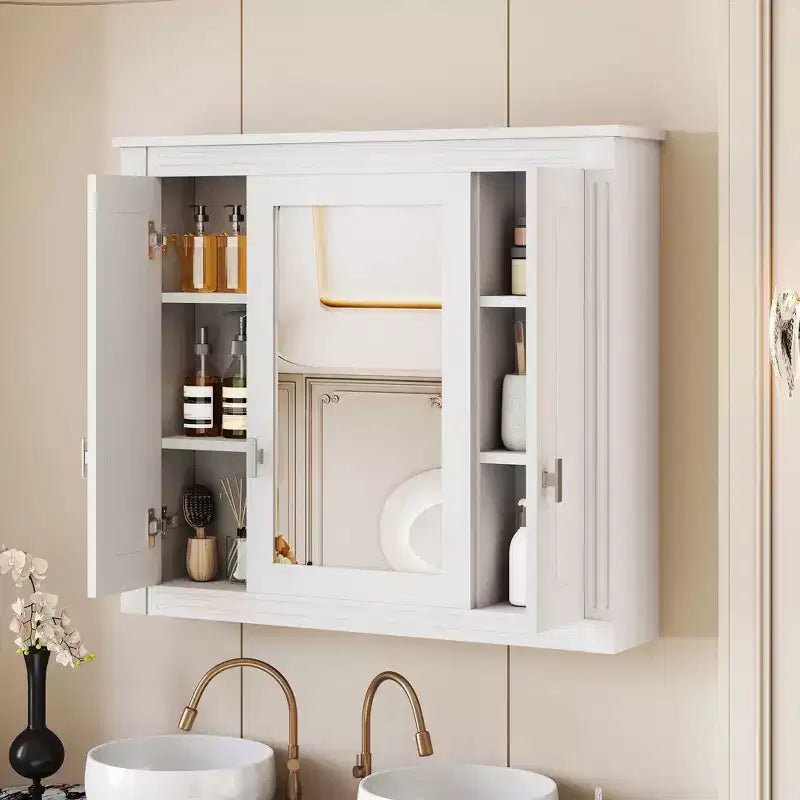 MAYEERTY Mobiletto da parete per bagno con specchio, armadietto dei medicinali da parete con 4 ripiani e ante a specchio, bianco