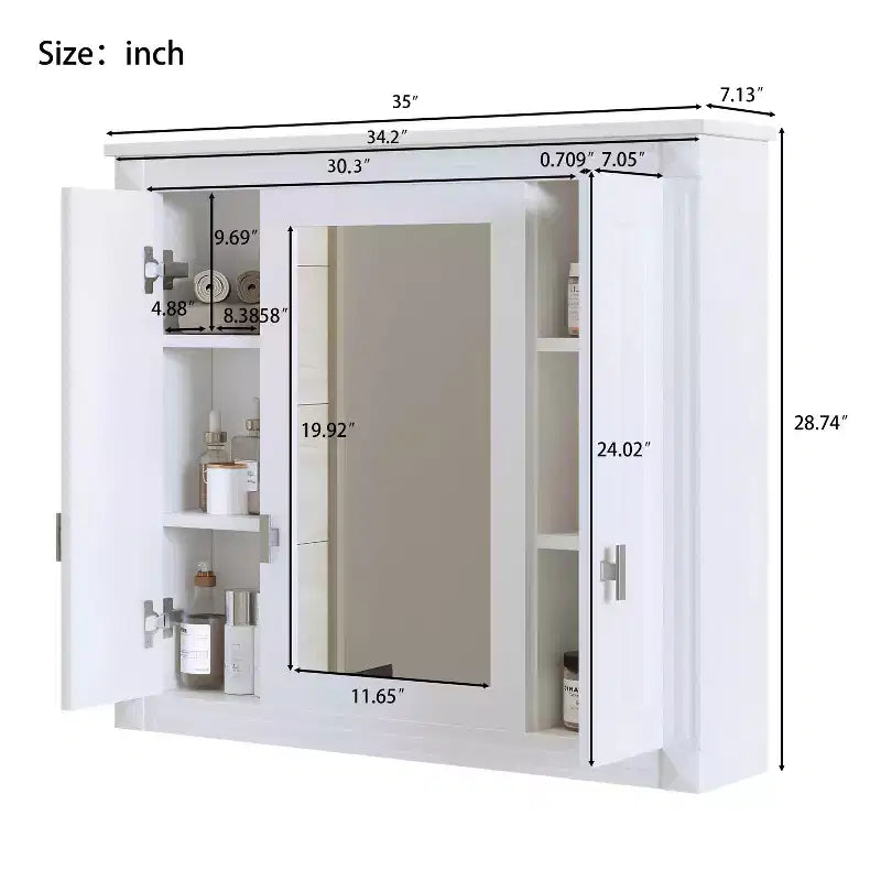 MAYEERTY Mobiletto da parete per bagno con specchio, armadietto dei medicinali da parete con 4 ripiani e ante a specchio, bianco