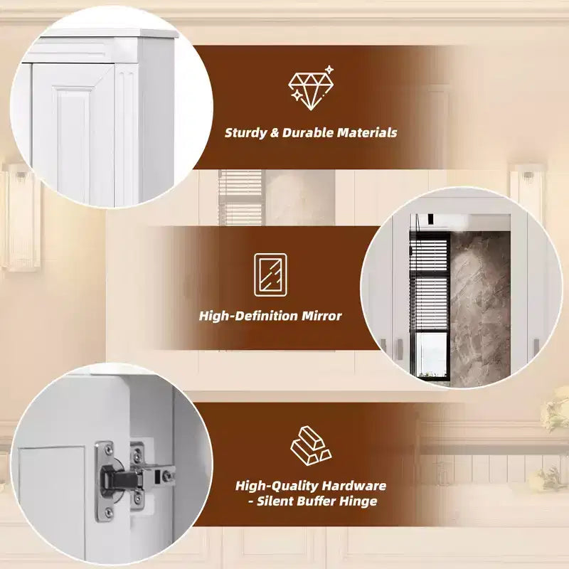 MAYEERTY Mobiletto da parete per bagno con specchio, armadietto dei medicinali da parete con 4 ripiani e ante a specchio, bianco