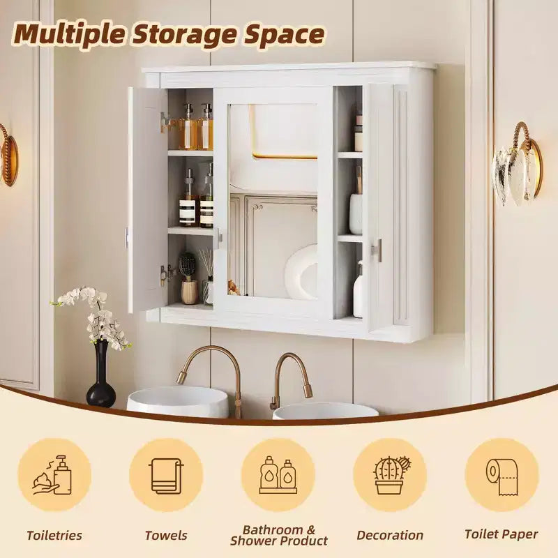 MAYEERTY Mobiletto da parete per bagno con specchio, armadietto dei medicinali da parete con 4 ripiani e ante a specchio, bianco