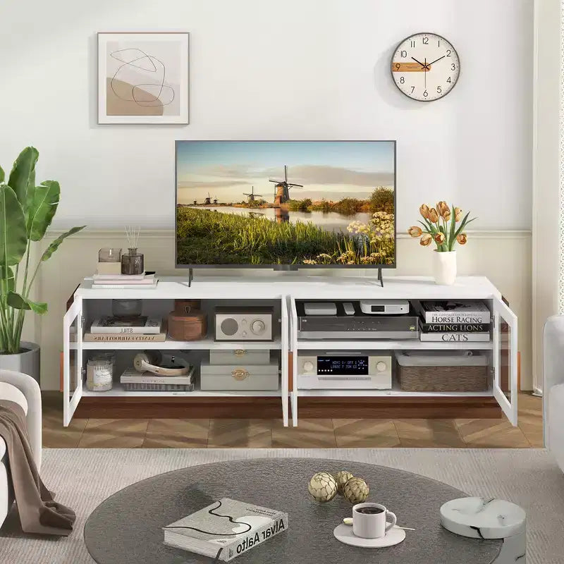 Mobile TV Grande Costway per TV fino a 75", Tavolo Consolle con 4 Ante in Vetro Temperato