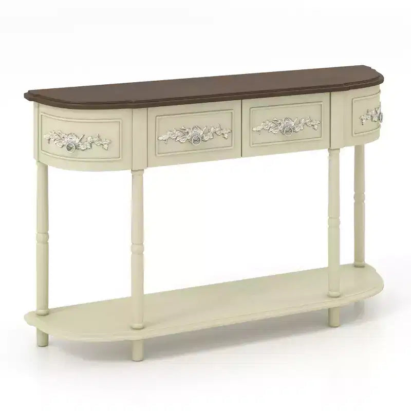 Costway Tavolo Consolle Retrò Curvo da 52 Pollici con Ripiano Aperto e Cassetti Beige