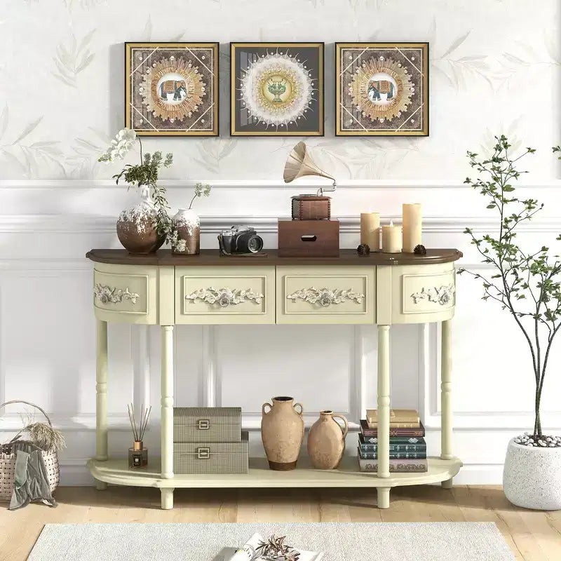 Costway Tavolo Consolle Retrò Curvo da 52 Pollici con Ripiano Aperto e Cassetti Beige