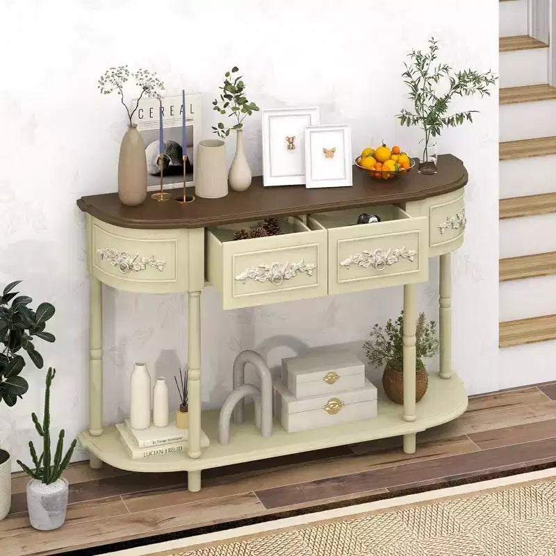 Costway Tavolo Consolle Retrò Curvo da 52 Pollici con Ripiano Aperto e Cassetti Beige