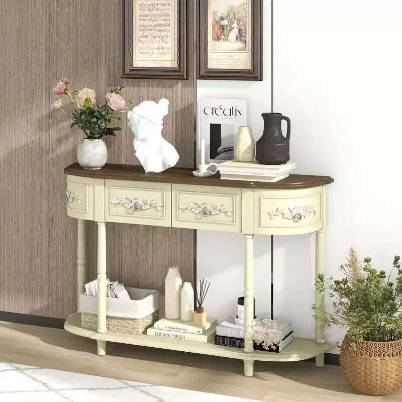 Costway Tavolo Consolle Retrò Curvo da 52 Pollici con Ripiano Aperto e Cassetti Beige