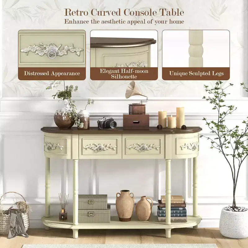 Costway Tavolo Consolle Retrò Curvo da 52 Pollici con Ripiano Aperto e Cassetti Beige
