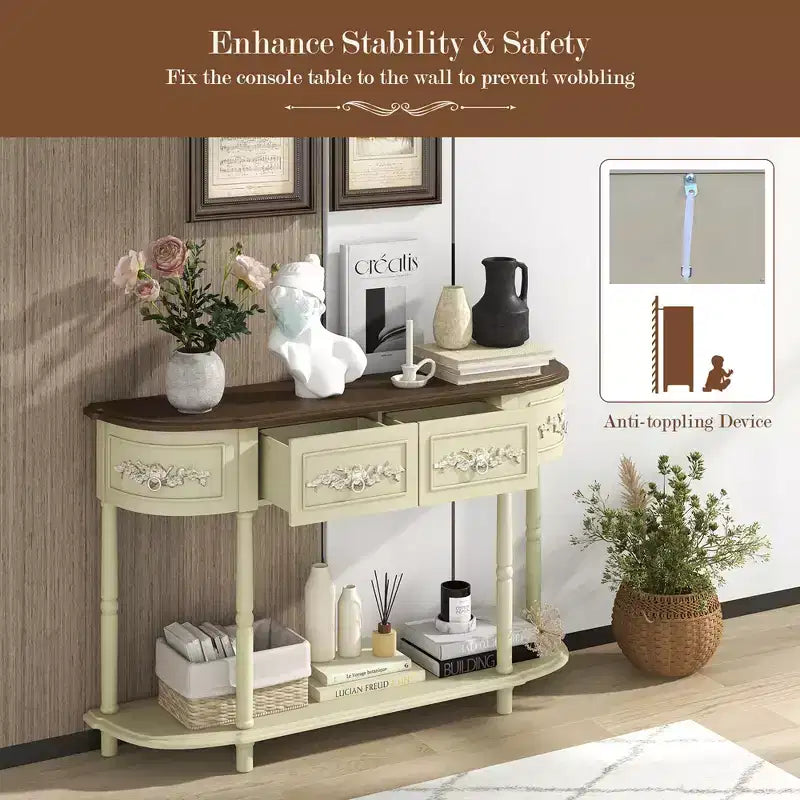Costway Tavolo Consolle Retrò Curvo da 52 Pollici con Ripiano Aperto e Cassetti Beige