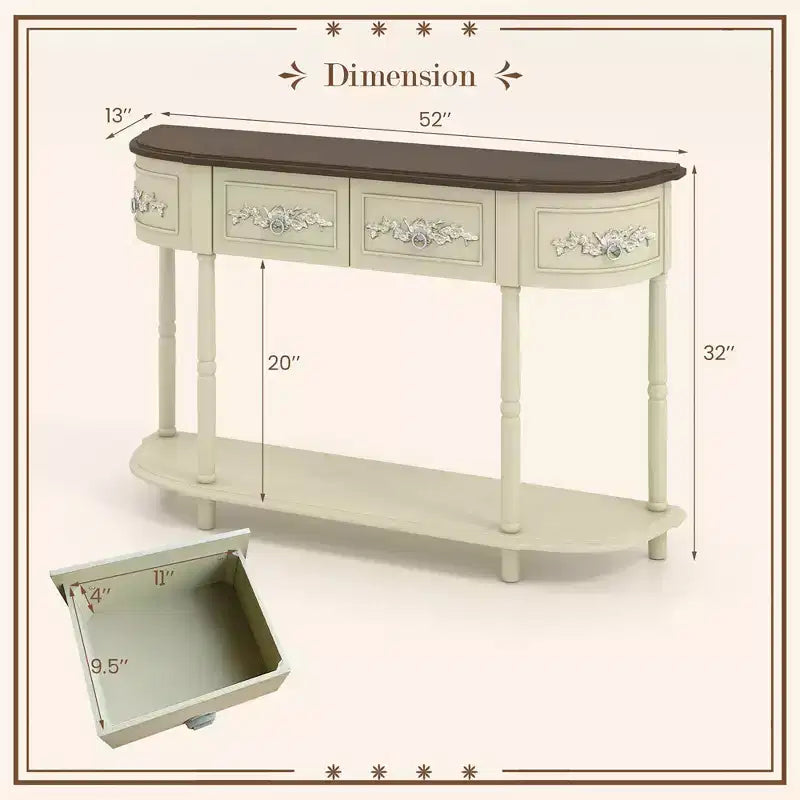 Costway Tavolo Consolle Retrò Curvo da 52 Pollici con Ripiano Aperto e Cassetti Beige
