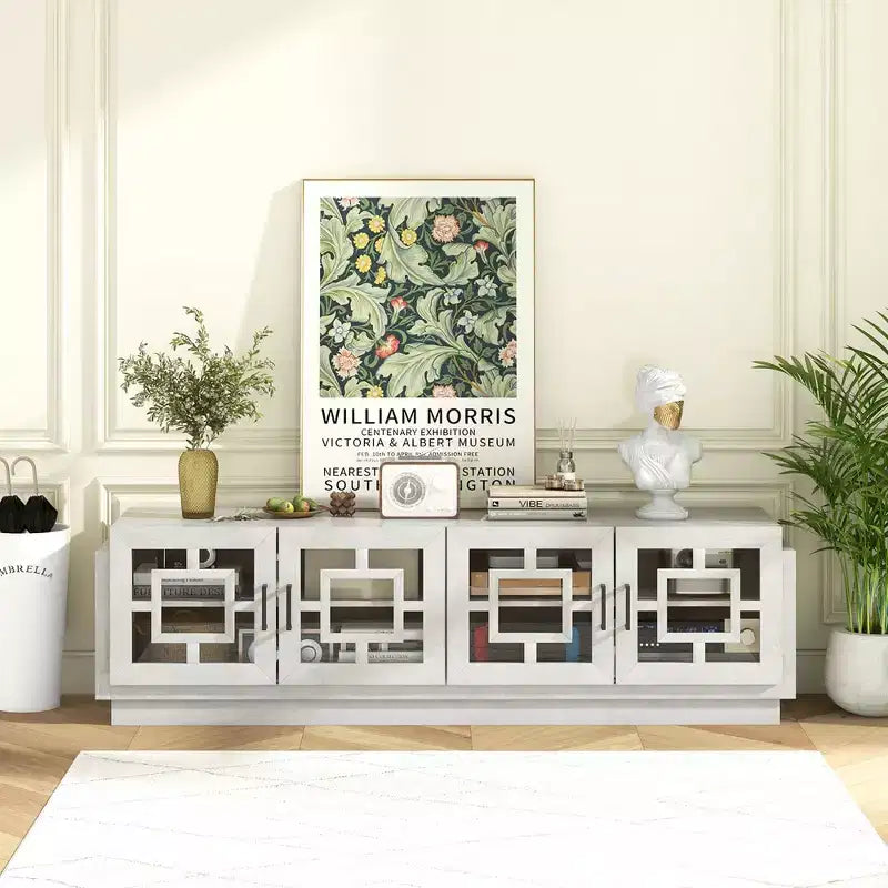 Mobile TV con ante in vetro Costway 4, design rustico, per TV fino a 75 pollici, quercia bianca