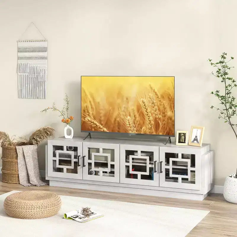 Mobile TV con ante in vetro Costway 4, design rustico, per TV fino a 75 pollici, quercia bianca