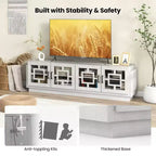 Mobile TV con ante in vetro Costway 4, design rustico, per TV fino a 75 pollici, quercia bianca