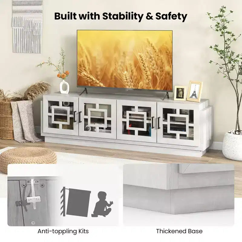 Mobile TV con ante in vetro Costway 4, design rustico, per TV fino a 75 pollici, quercia bianca