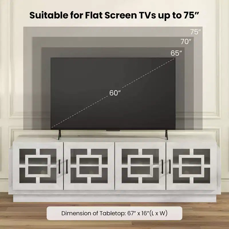 Mobile TV con ante in vetro Costway 4, design rustico, per TV fino a 75 pollici, quercia bianca