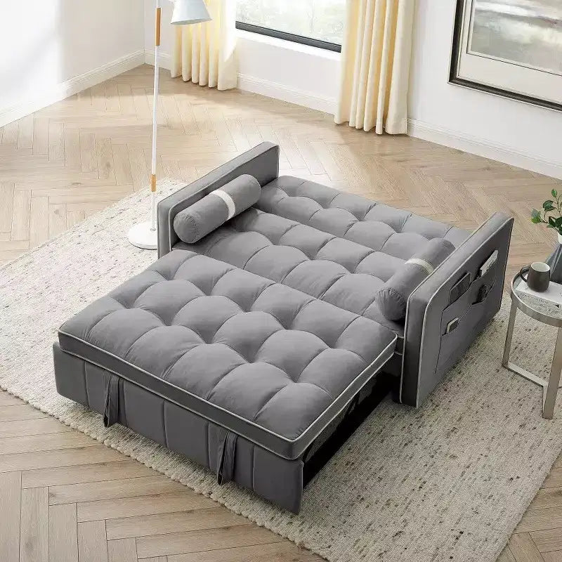 TUYOHW Divano Letto Estraibile da 55,5 Pollici, Divanetto con Schienale Regolabile, Tasche Laterali e 2 Cuscini, Divano Convertibile in Velluto per Piccoli Spazi