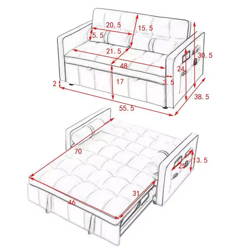 TUYOHW Divano Letto Estraibile da 55,5 Pollici, Divanetto con Schienale Regolabile, Tasche Laterali e 2 Cuscini, Divano Convertibile in Velluto per Piccoli Spazi