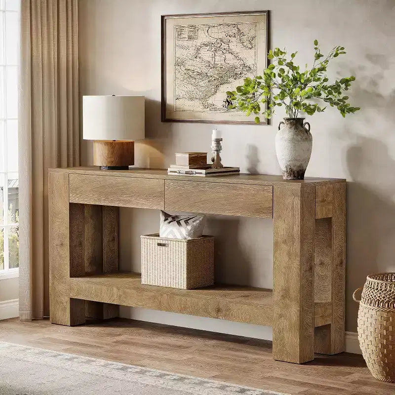 Console da ingresso Lantine 63 in legno con 2 cassetti, tavolo da ingresso in stile rustico con ripiano portaoggetti, tavolo da divano per soggiorno, corridoio