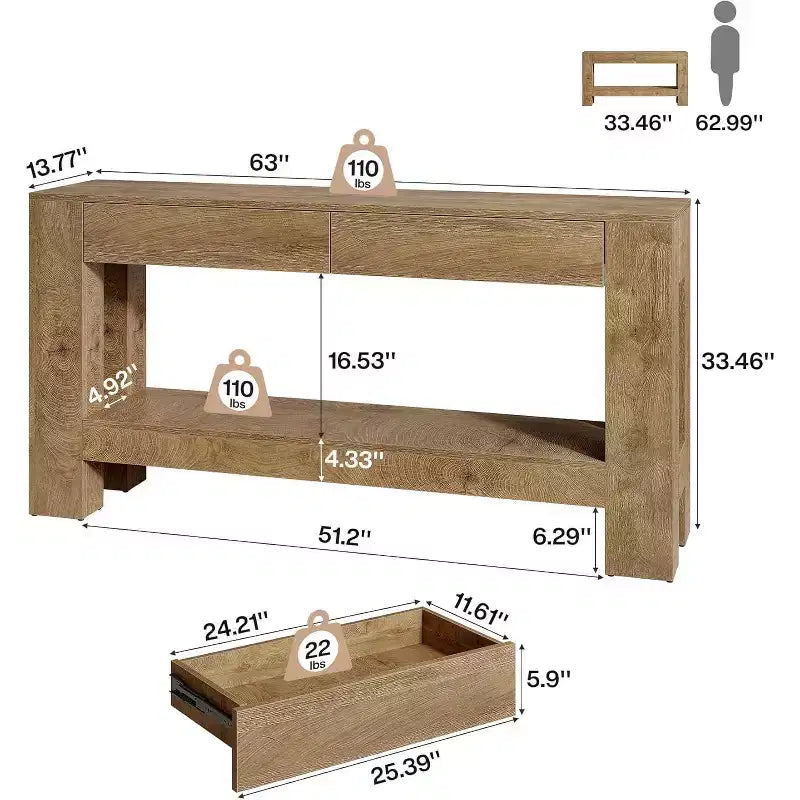 Console da ingresso Lantine 63 in legno con 2 cassetti, tavolo da ingresso in stile rustico con ripiano portaoggetti, tavolo da divano per soggiorno, corridoio