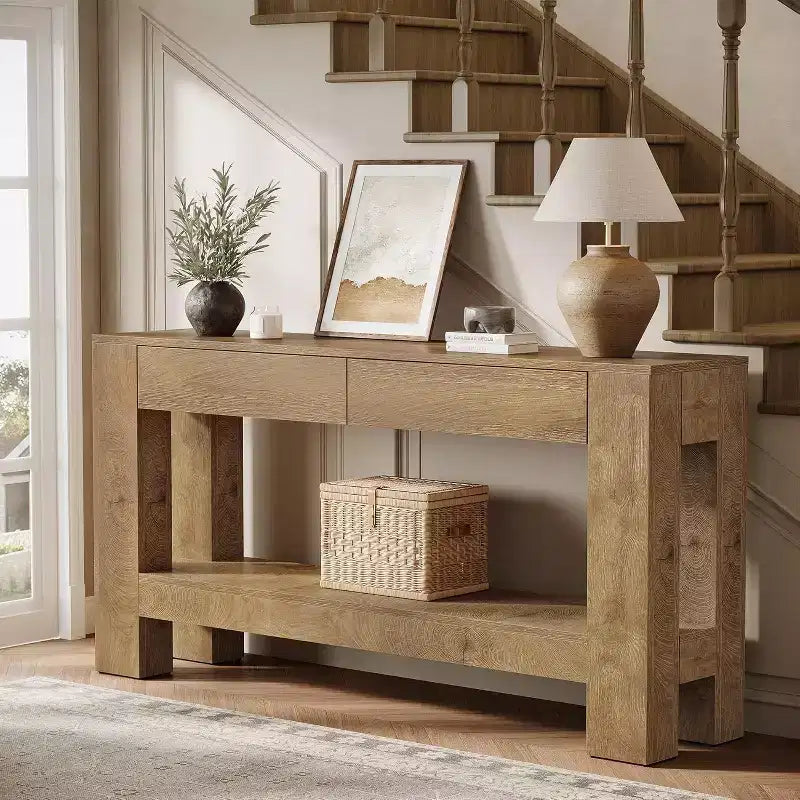 Console da ingresso Lantine 63 in legno con 2 cassetti, tavolo da ingresso in stile rustico con ripiano portaoggetti, tavolo da divano per soggiorno, corridoio