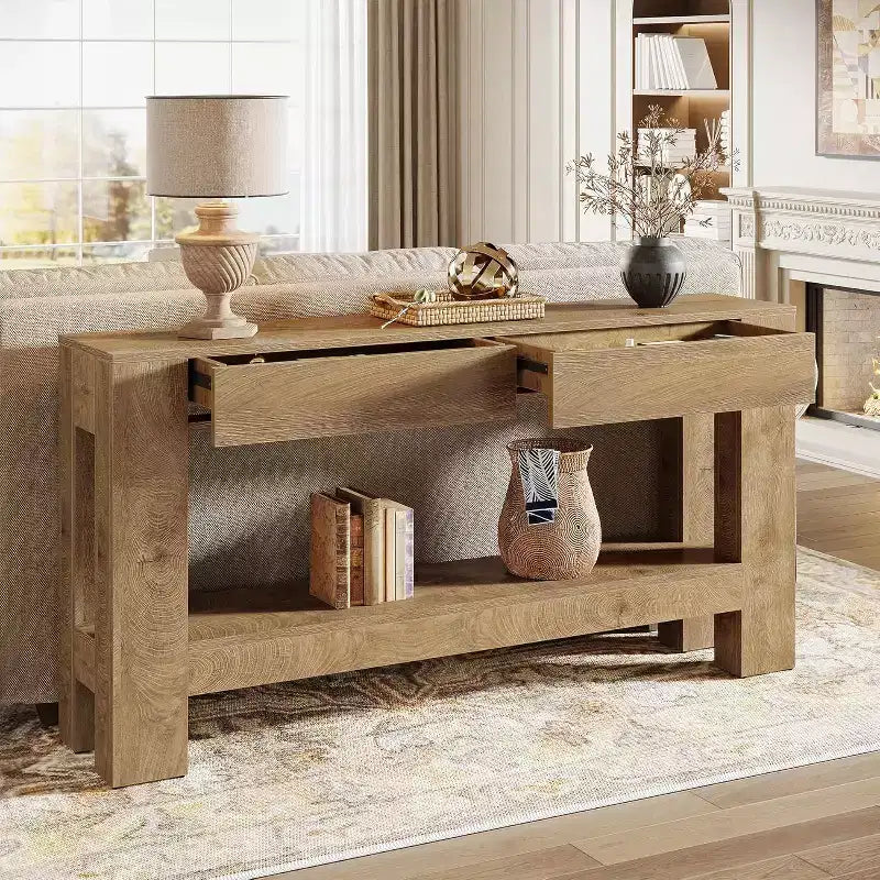 Console da ingresso Lantine 63 in legno con 2 cassetti, tavolo da ingresso in stile rustico con ripiano portaoggetti, tavolo da divano per soggiorno, corridoio