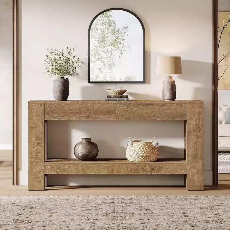 Console da ingresso Lantine 63 in legno con 2 cassetti, tavolo da ingresso in stile rustico con ripiano portaoggetti, tavolo da divano per soggiorno, corridoio