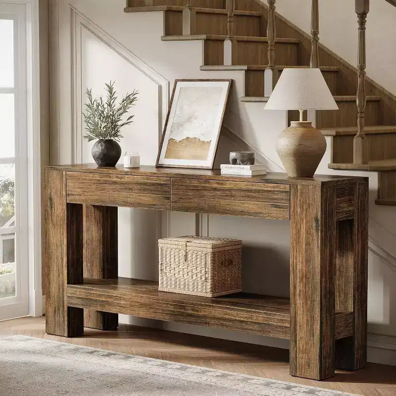 Console da ingresso Lantine 63 in legno con 2 cassetti, tavolo da ingresso in stile rustico con ripiano portaoggetti, tavolo da divano per soggiorno, corridoio