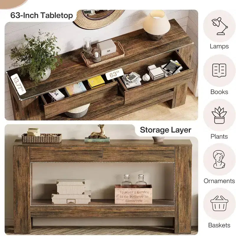 Console da ingresso Lantine 63 in legno con 2 cassetti, tavolo da ingresso in stile rustico con ripiano portaoggetti, tavolo da divano per soggiorno, corridoio