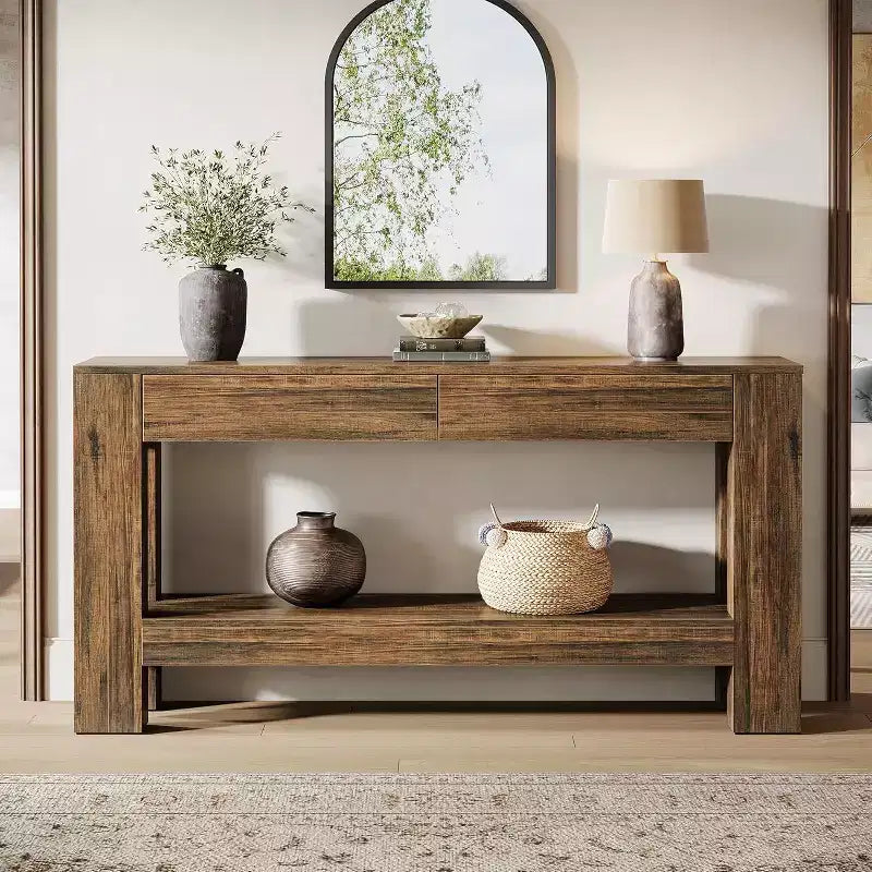 Console da ingresso Lantine 63 in legno con 2 cassetti, tavolo da ingresso in stile rustico con ripiano portaoggetti, tavolo da divano per soggiorno, corridoio