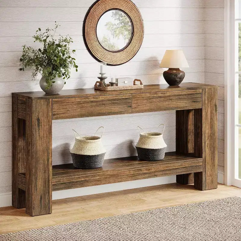 Console da ingresso Lantine 63 in legno con 2 cassetti, tavolo da ingresso in stile rustico con ripiano portaoggetti, tavolo da divano per soggiorno, corridoio