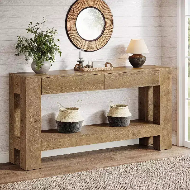 Lantine 63 Wooden Console Table with 2 Drawers, Farmhouse Entryway Table with Storage Shelf, Sofa Table for Living Room, Hallway
