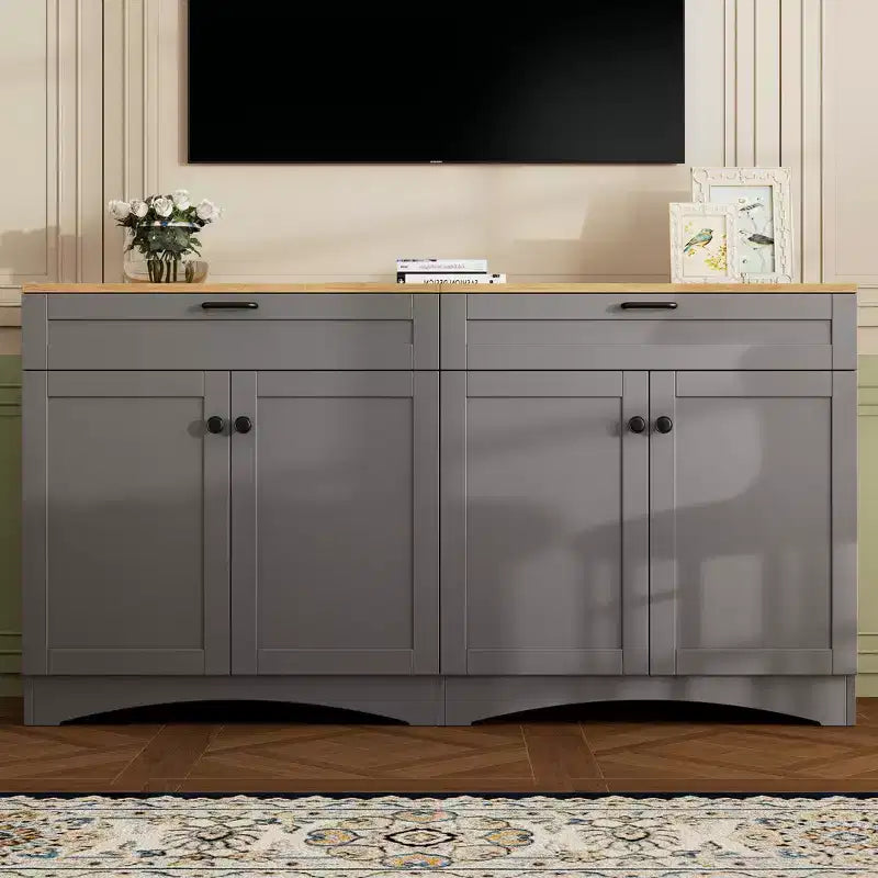 Mobile TV in Legno con 2 Cassetti per TV da 70 pollici, Mobile TV Contenitore con Ripiani Regolabili, Tavolino Console per Centro di Intrattenimento di Metà Secolo