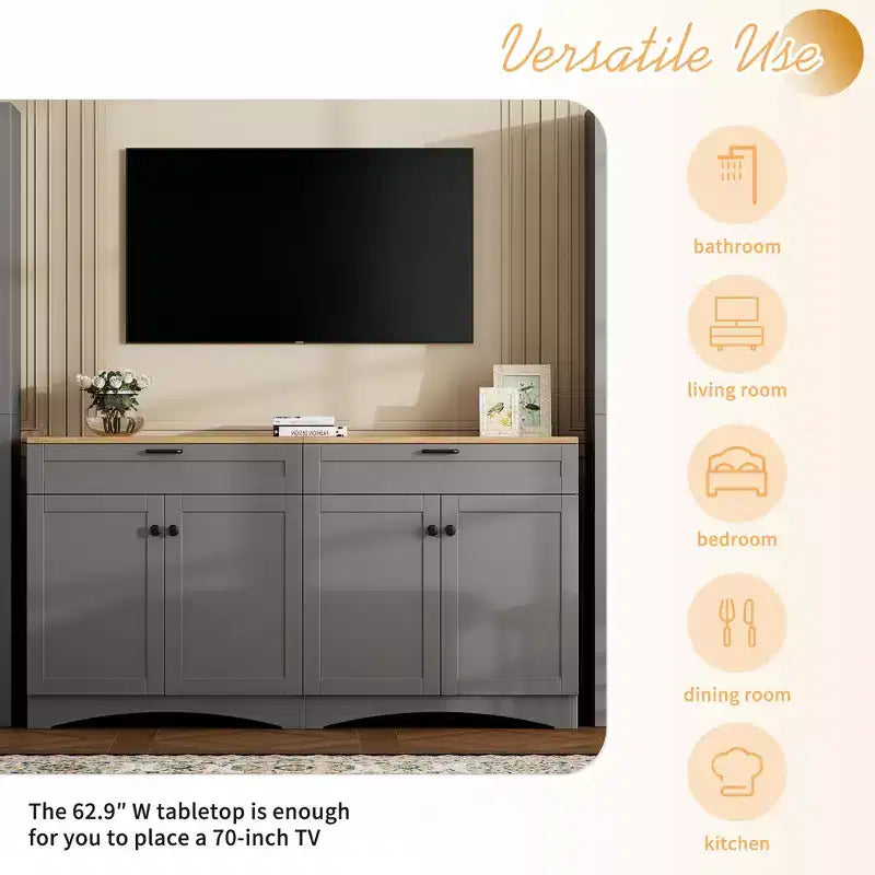 Mobile TV in Legno con 2 Cassetti per TV da 70 pollici, Mobile TV Contenitore con Ripiani Regolabili, Tavolino Console per Centro di Intrattenimento di Metà Secolo