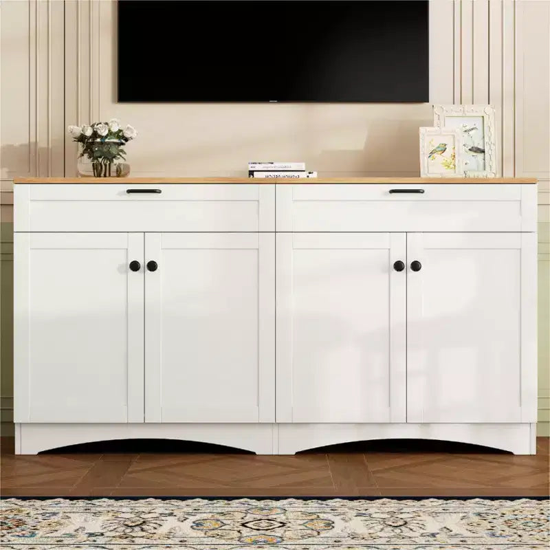 Mobile TV in Legno con 2 Cassetti per TV da 70 pollici, Mobile TV Contenitore con Ripiani Regolabili, Tavolino Console per Centro di Intrattenimento di Metà Secolo