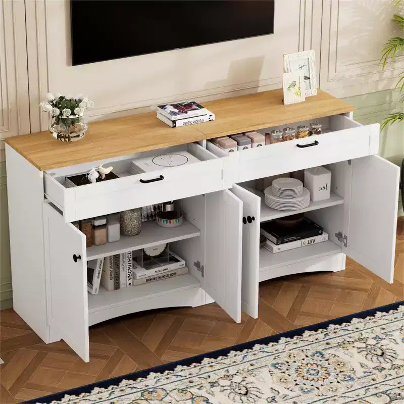 Mobile TV in Legno con 2 Cassetti per TV da 70 pollici, Mobile TV Contenitore con Ripiani Regolabili, Tavolino Console per Centro di Intrattenimento di Metà Secolo