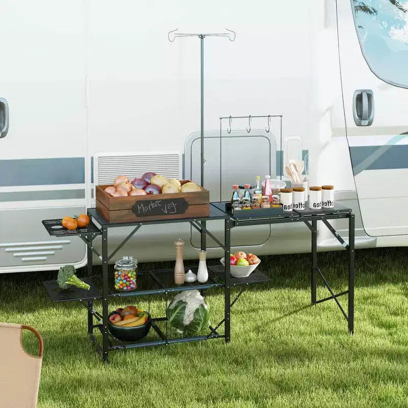 Cucina da campo pieghevole, Tavolo da campeggio, Stazione di cottura con supporto per lampada regolabile