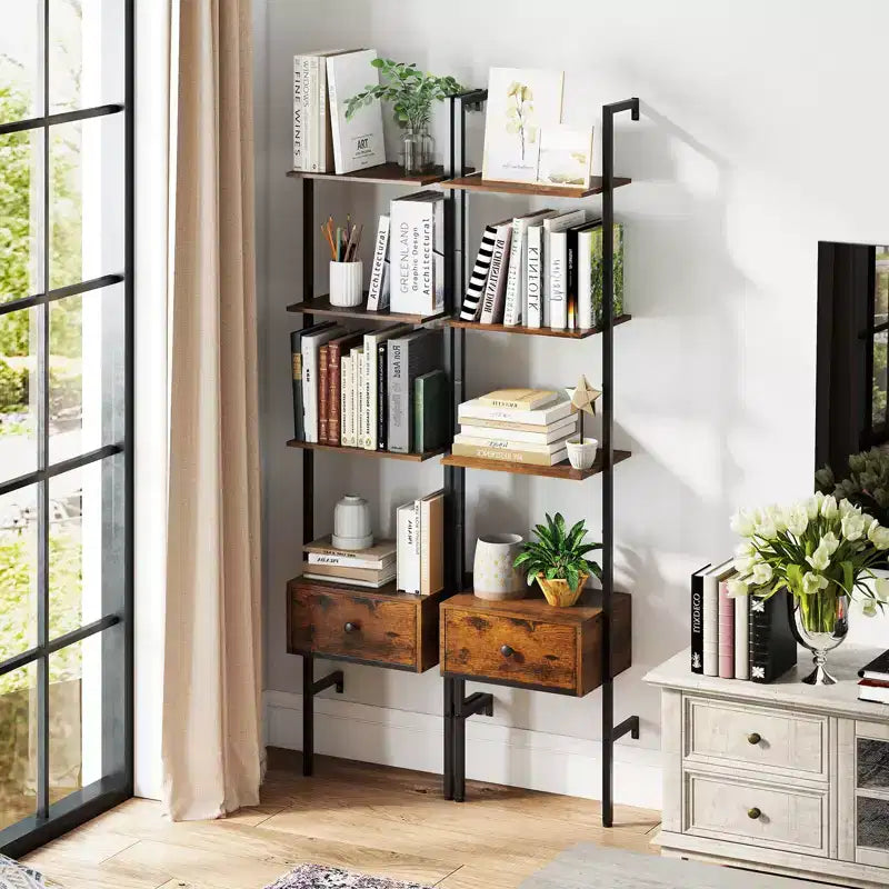 Costway 2 pz Scaffale a 5 livelli con cassetti, libreria a scala da 70 cm da parete con struttura in metallo