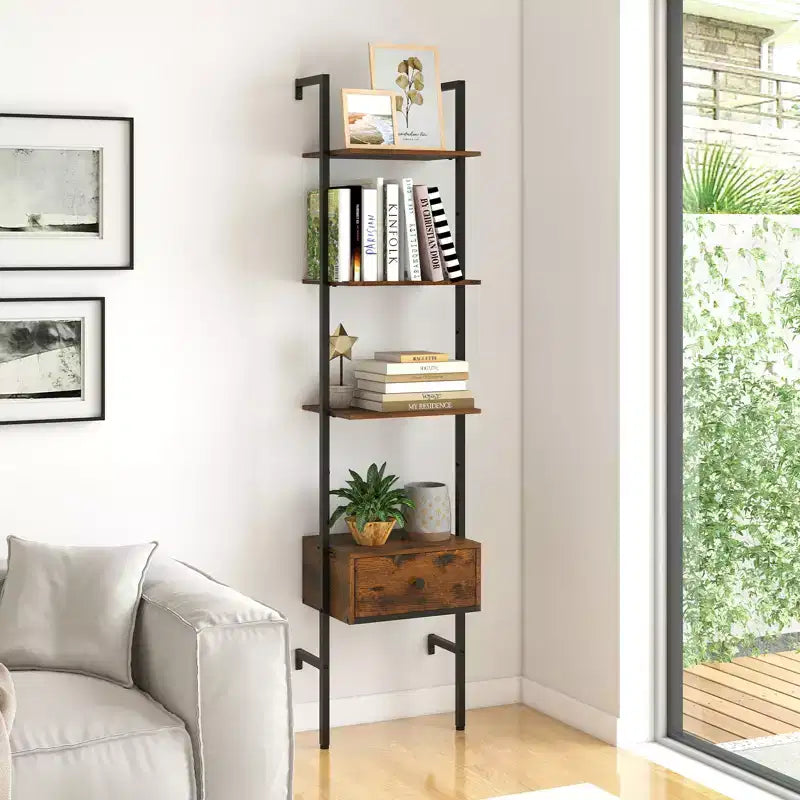 Costway 2 pz Scaffale a 5 livelli con cassetti, libreria a scala da 70 cm da parete con struttura in metallo