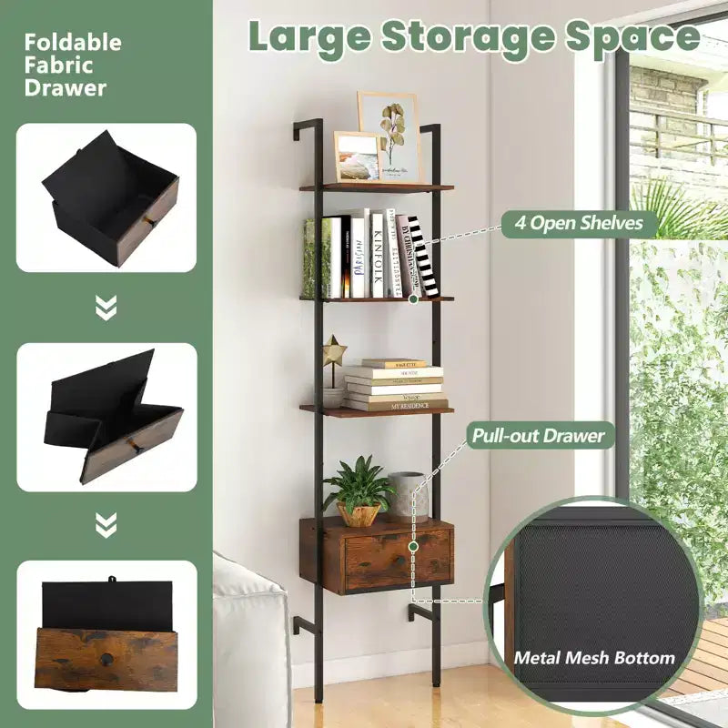 Costway 2 pz Scaffale a 5 livelli con cassetti, libreria a scala da 70 cm da parete con struttura in metallo