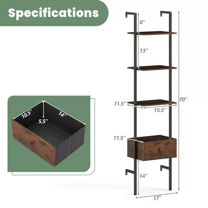 Costway 2 pz Scaffale a 5 livelli con cassetti, libreria a scala da 70 cm da parete con struttura in metallo