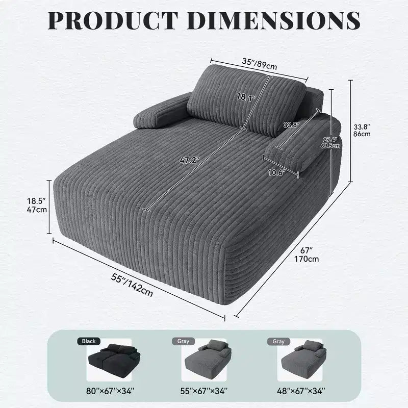 Balconera 55in Divano Chaise Lounge per Interni, Oversize, Imbottito in Corduroy, Senza Struttura, Letto, Nessun Montaggio Richiesto, Grigio