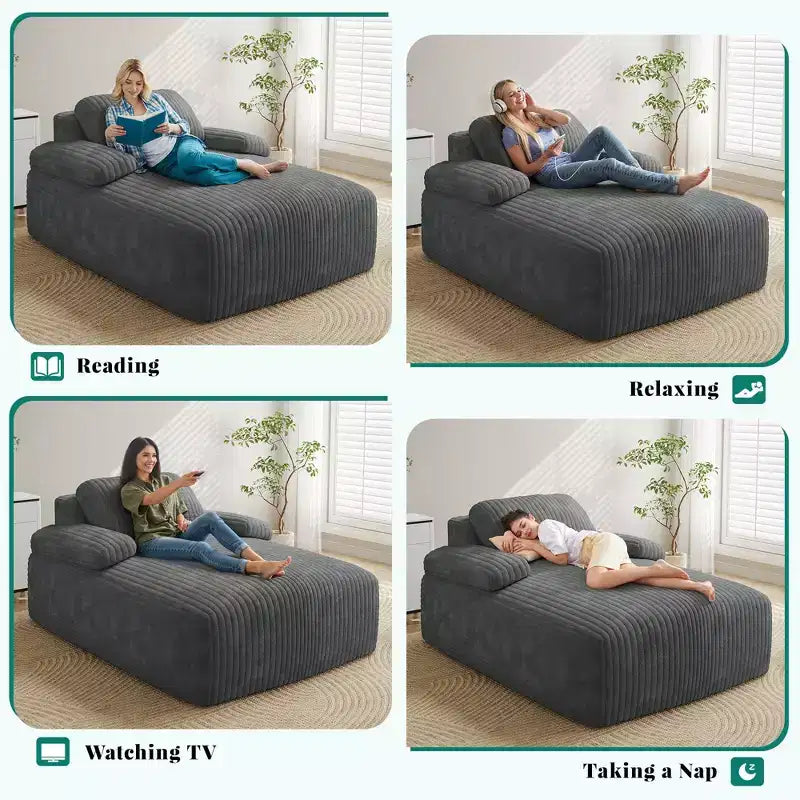 Balconera 55in Divano Chaise Lounge per Interni, Oversize, Imbottito in Corduroy, Senza Struttura, Letto, Nessun Montaggio Richiesto, Grigio