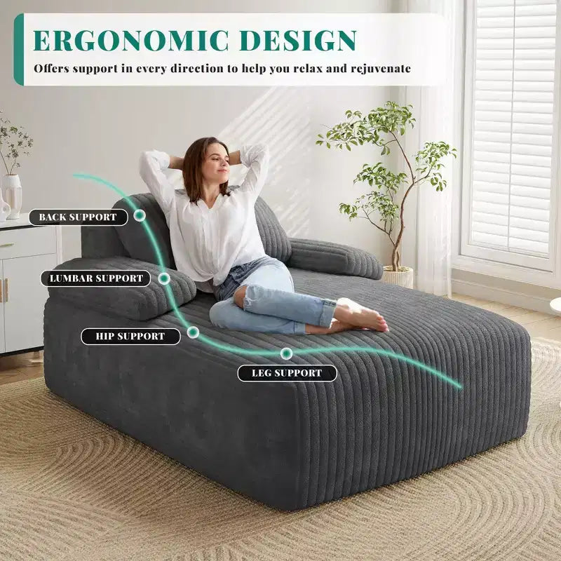 Balconera 55in Divano Chaise Lounge per Interni, Oversize, Imbottito in Corduroy, Senza Struttura, Letto, Nessun Montaggio Richiesto, Grigio